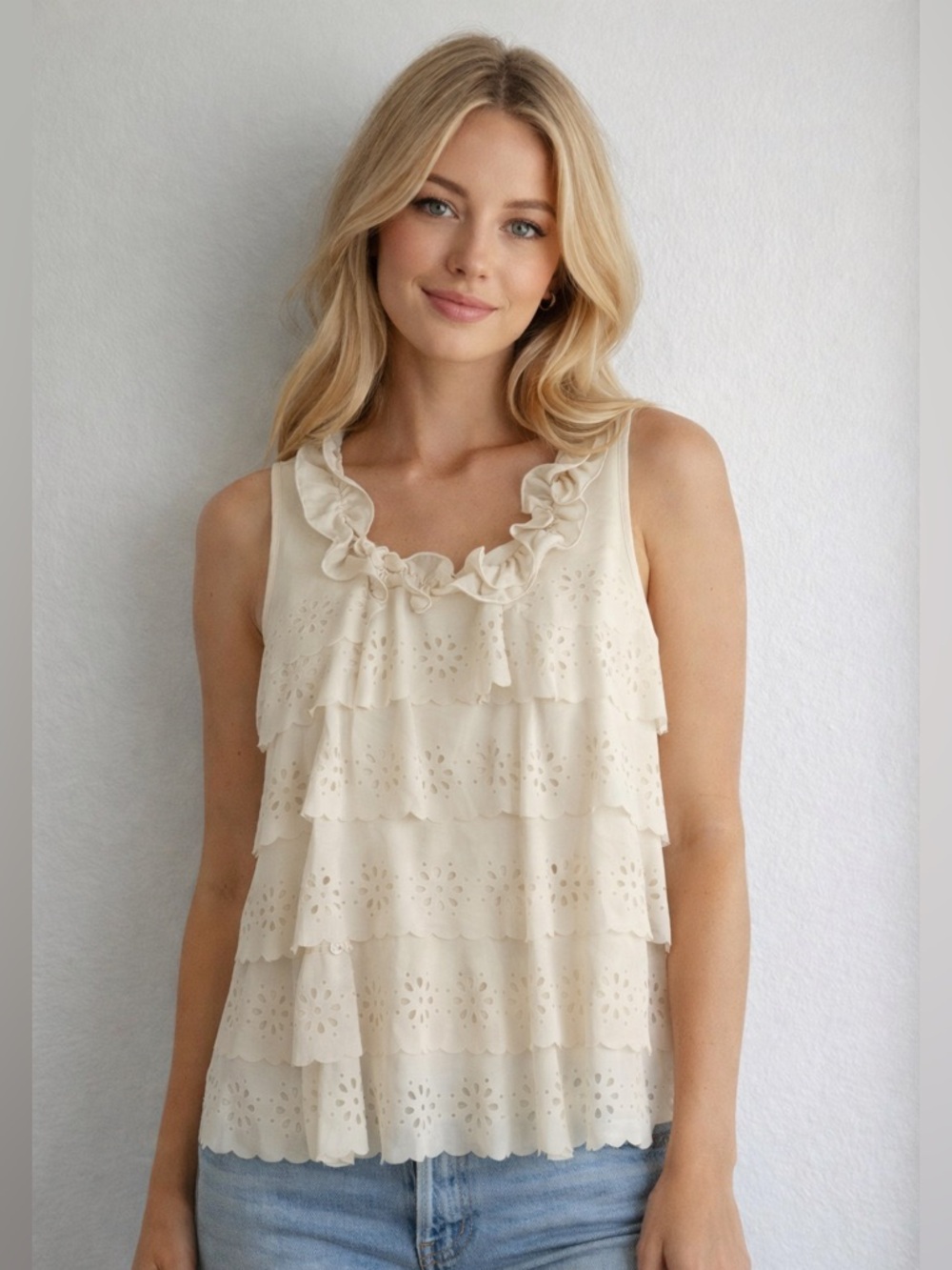 Cream Ruffle Tiered Eyelet Sleeveless Top Large Boho Ethereal Whimsical